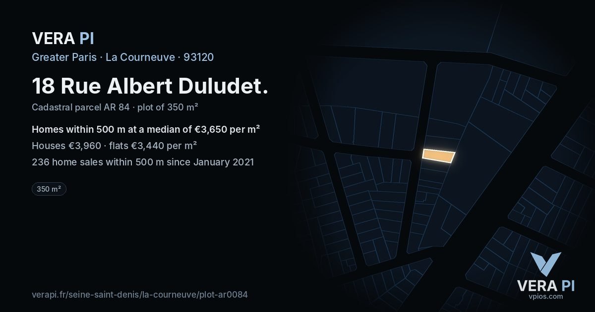 18 Rue Albert Duludet, La Courneuve at night – the plot lit, the parcels around coloured by the prices near them
