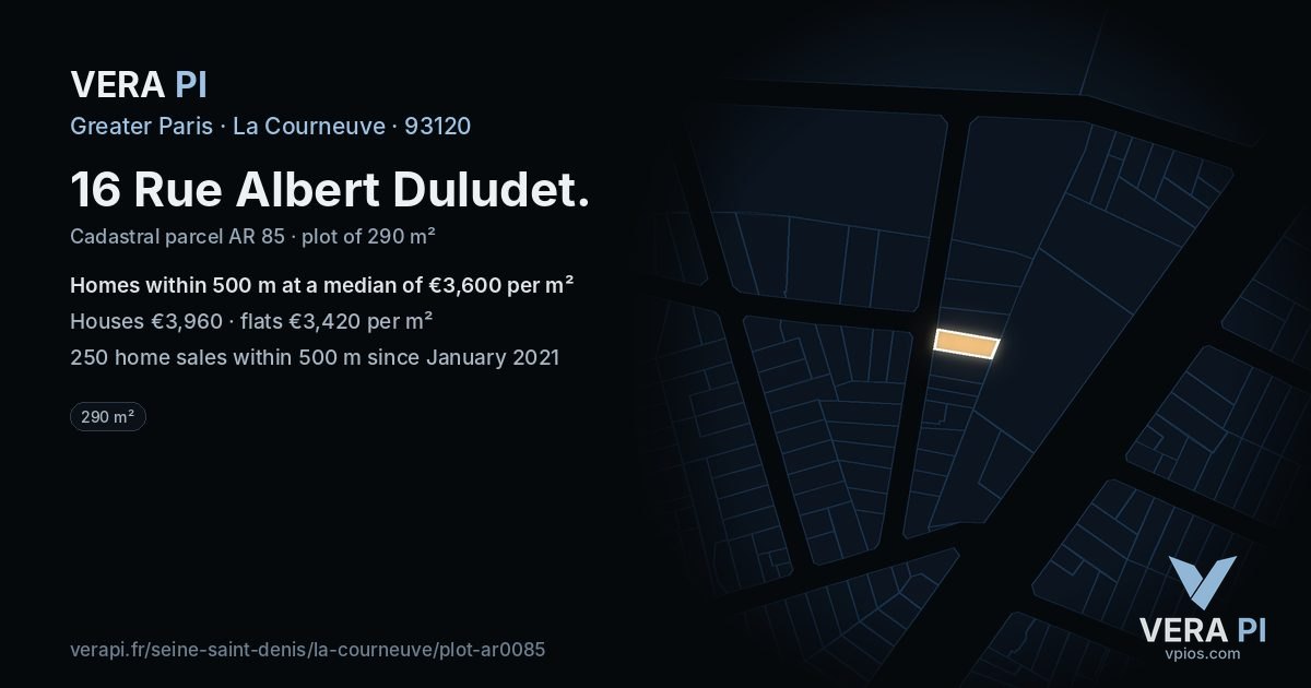 16 Rue Albert Duludet, La Courneuve at night – the plot lit, the parcels around coloured by the prices near them