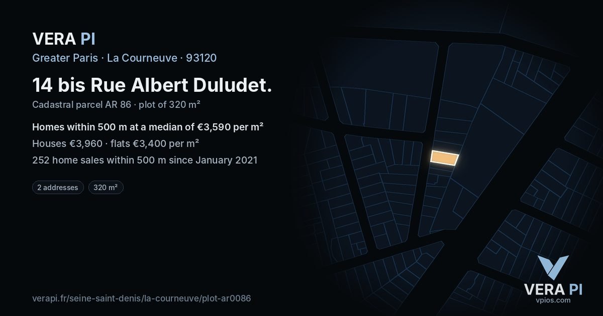 14 bis Rue Albert Duludet, La Courneuve at night – the plot lit, the parcels around coloured by the prices near them