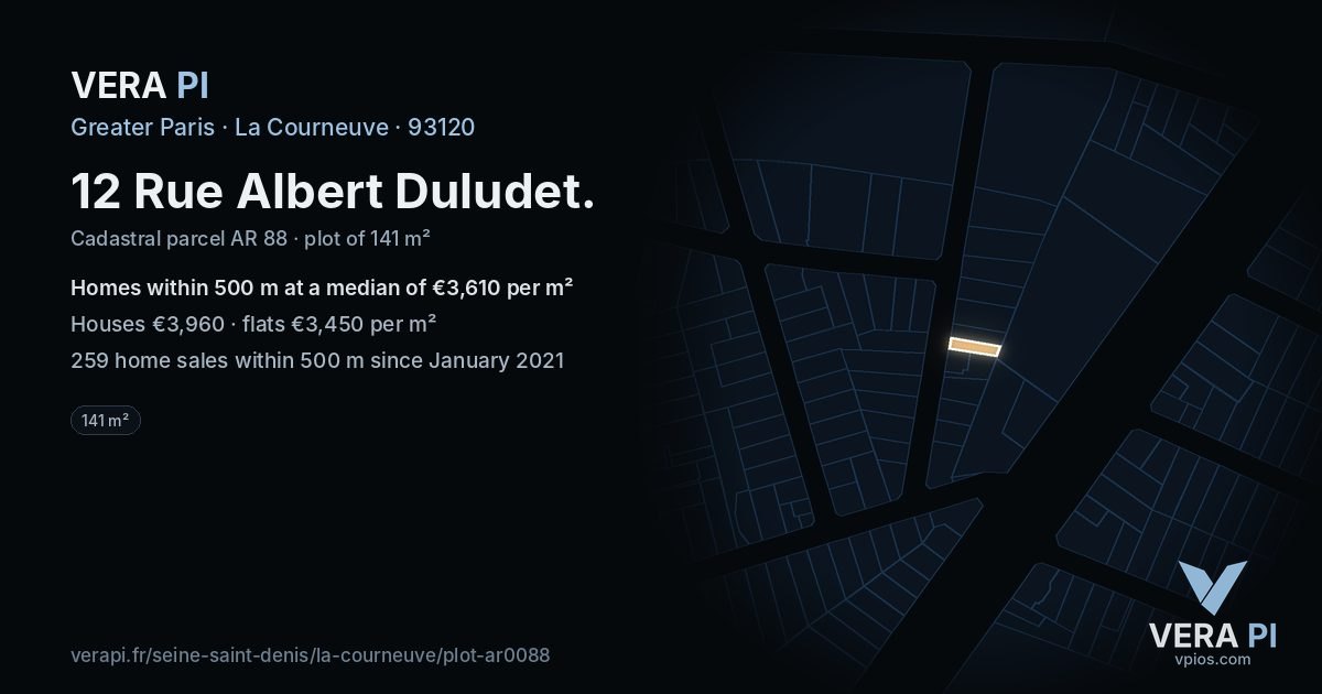 12 Rue Albert Duludet, La Courneuve at night – the plot lit, the parcels around coloured by the prices near them