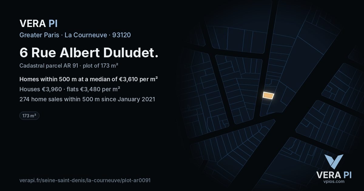 6 Rue Albert Duludet, La Courneuve at night – the plot lit, the parcels around coloured by the prices near them