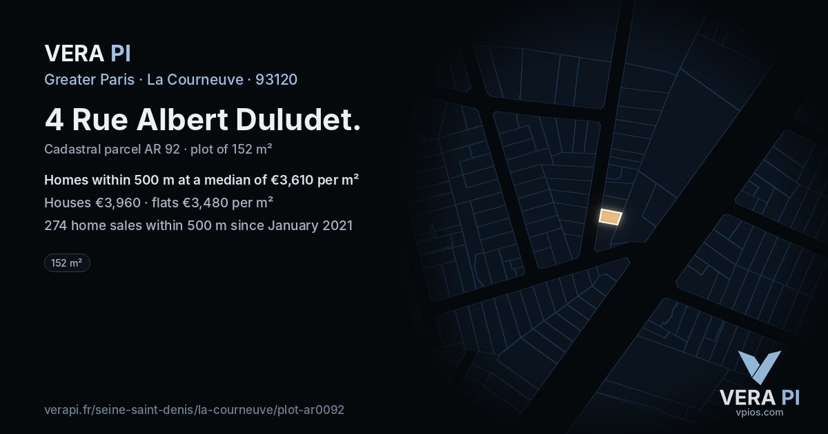 4 Rue Albert Duludet, La Courneuve at night – the plot lit, the parcels around coloured by the prices near them