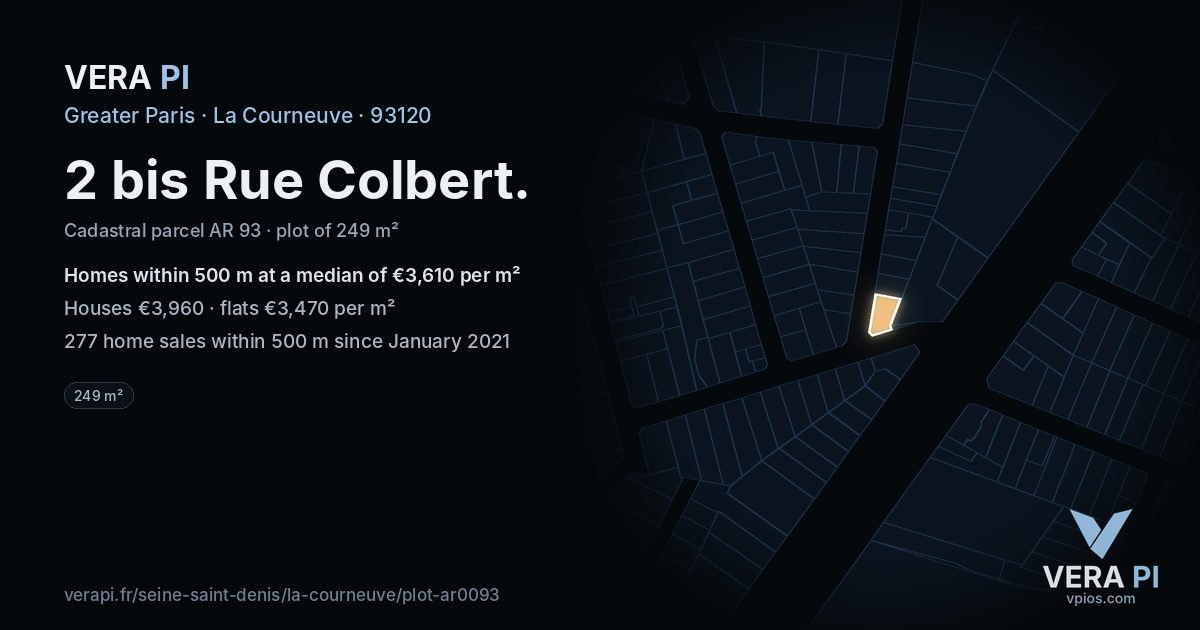 2 bis Rue Colbert, La Courneuve at night – the plot lit, the parcels around coloured by the prices near them
