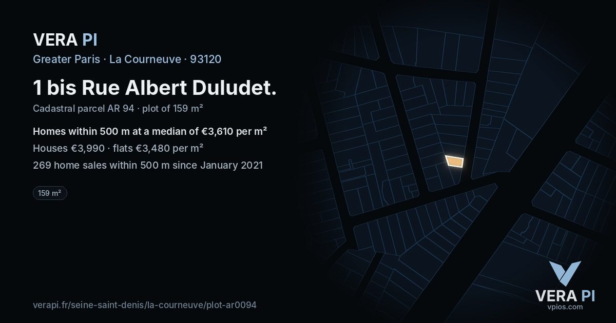 1 bis Rue Albert Duludet, La Courneuve at night – the plot lit, the parcels around coloured by the prices near them