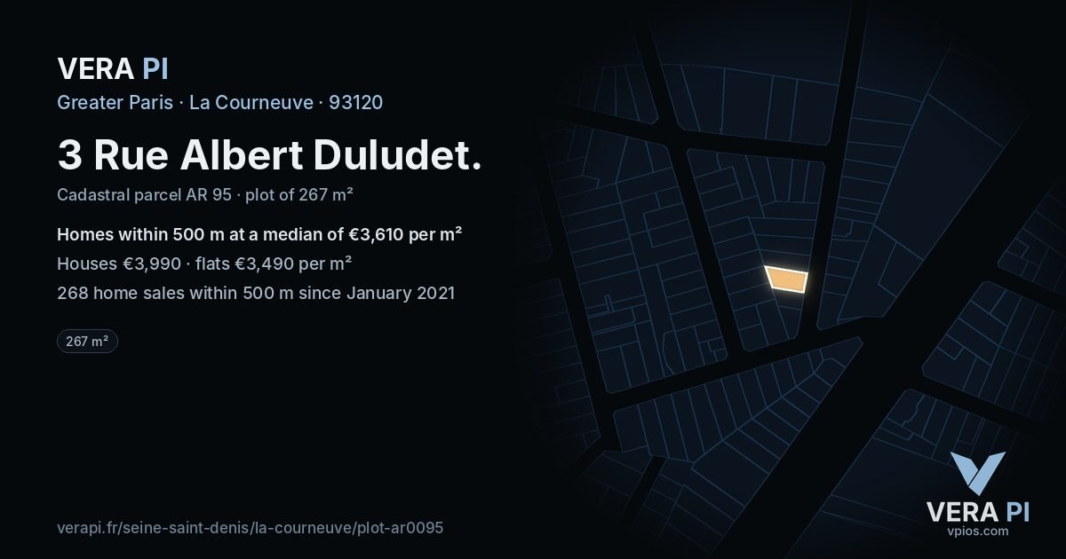 3 Rue Albert Duludet, La Courneuve at night – the plot lit, the parcels around coloured by the prices near them