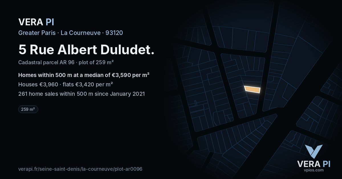 5 Rue Albert Duludet, La Courneuve at night – the plot lit, the parcels around coloured by the prices near them