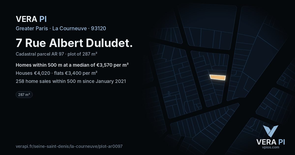 7 Rue Albert Duludet, La Courneuve at night – the plot lit, the parcels around coloured by the prices near them