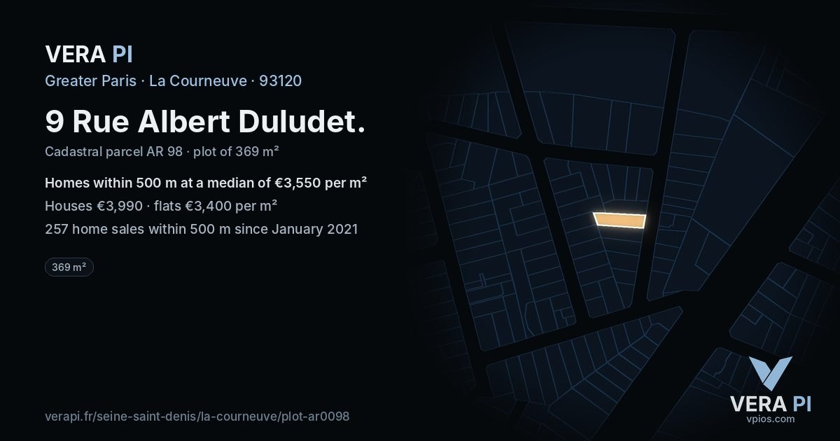 9 Rue Albert Duludet, La Courneuve at night – the plot lit, the parcels around coloured by the prices near them