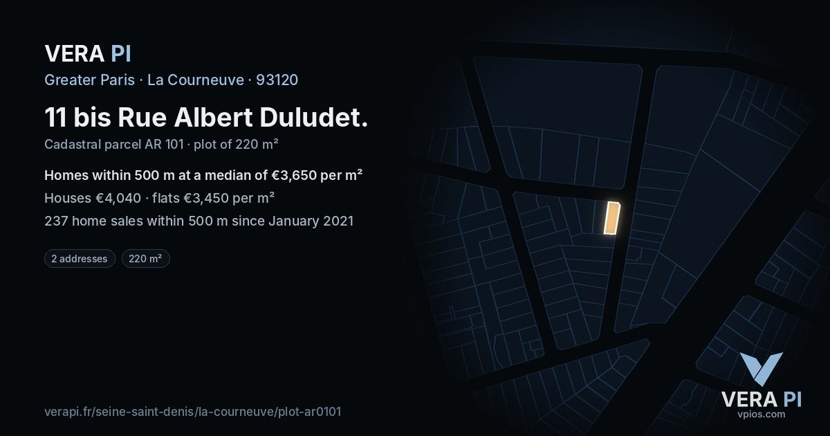 11 bis Rue Albert Duludet, La Courneuve at night – the plot lit, the parcels around coloured by the prices near them