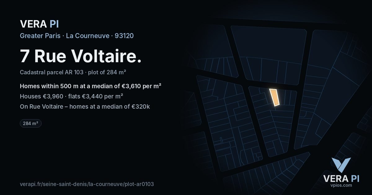 7 Rue Voltaire, La Courneuve at night – the plot lit, the parcels around coloured by the prices near them