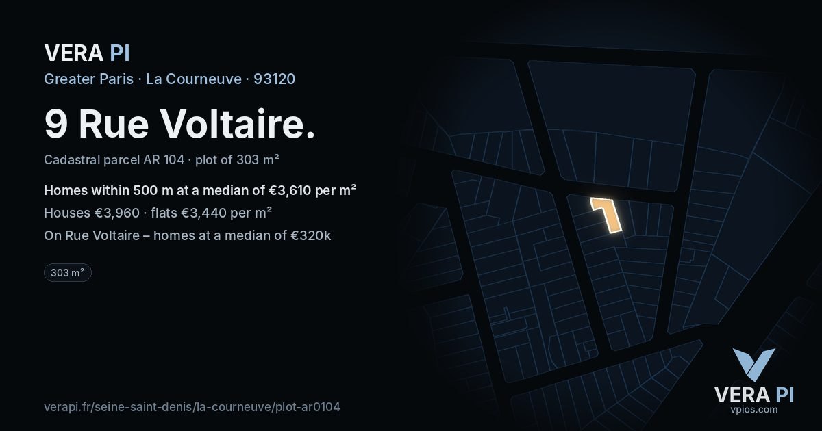 9 Rue Voltaire, La Courneuve at night – the plot lit, the parcels around coloured by the prices near them