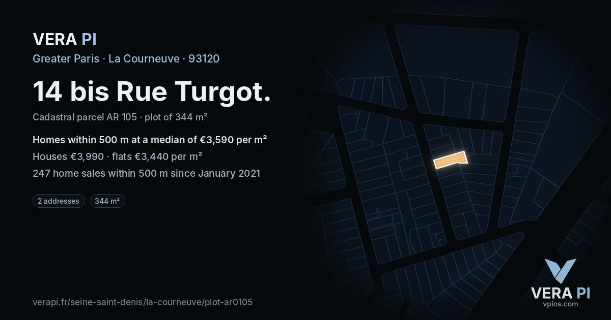 14 bis Rue Turgot, La Courneuve at night – the plot lit, the parcels around coloured by the prices near them