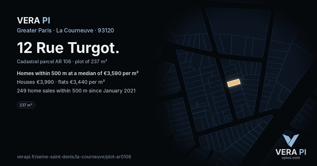 12 Rue Turgot, La Courneuve at night – the plot lit, the parcels around coloured by the prices near them