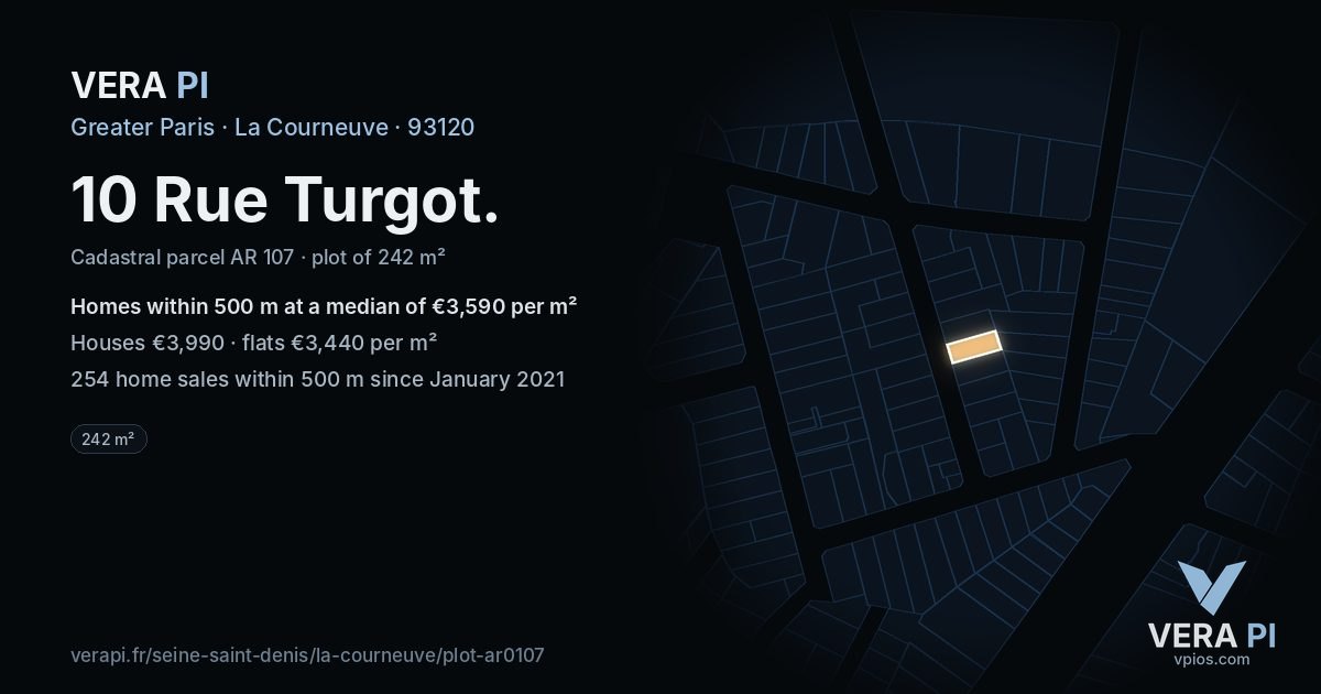 10 Rue Turgot, La Courneuve at night – the plot lit, the parcels around coloured by the prices near them