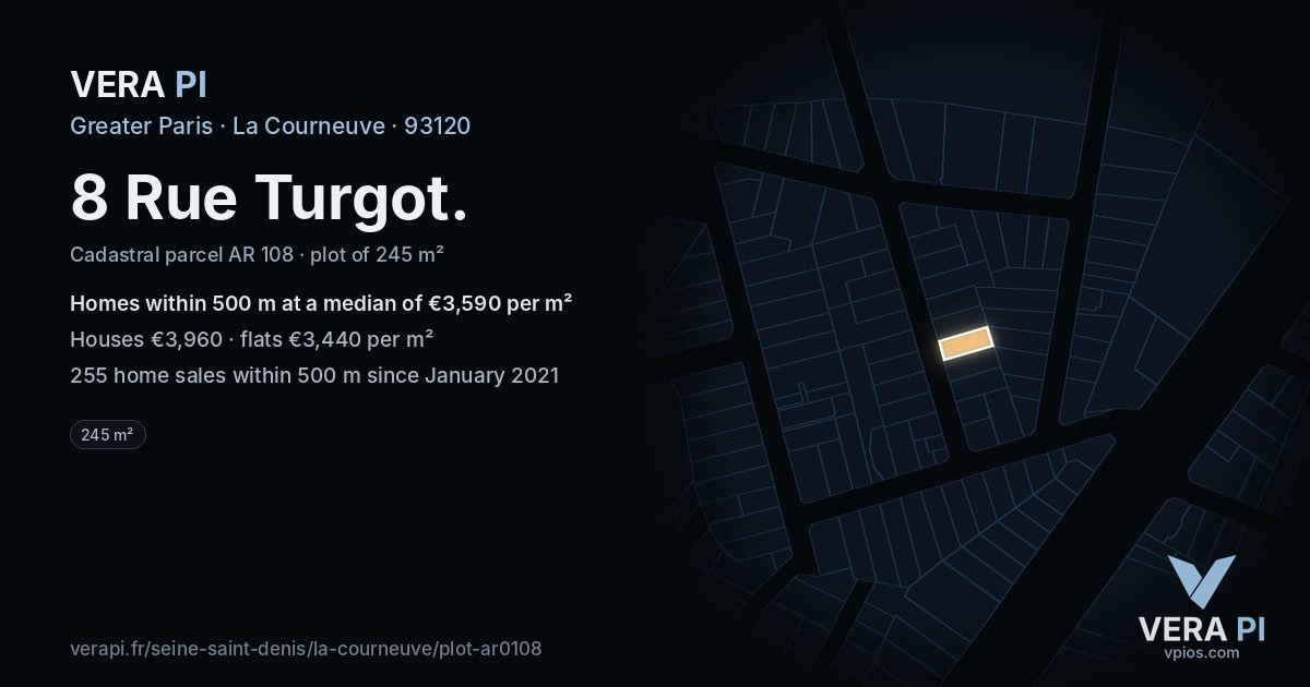 8 Rue Turgot, La Courneuve at night – the plot lit, the parcels around coloured by the prices near them