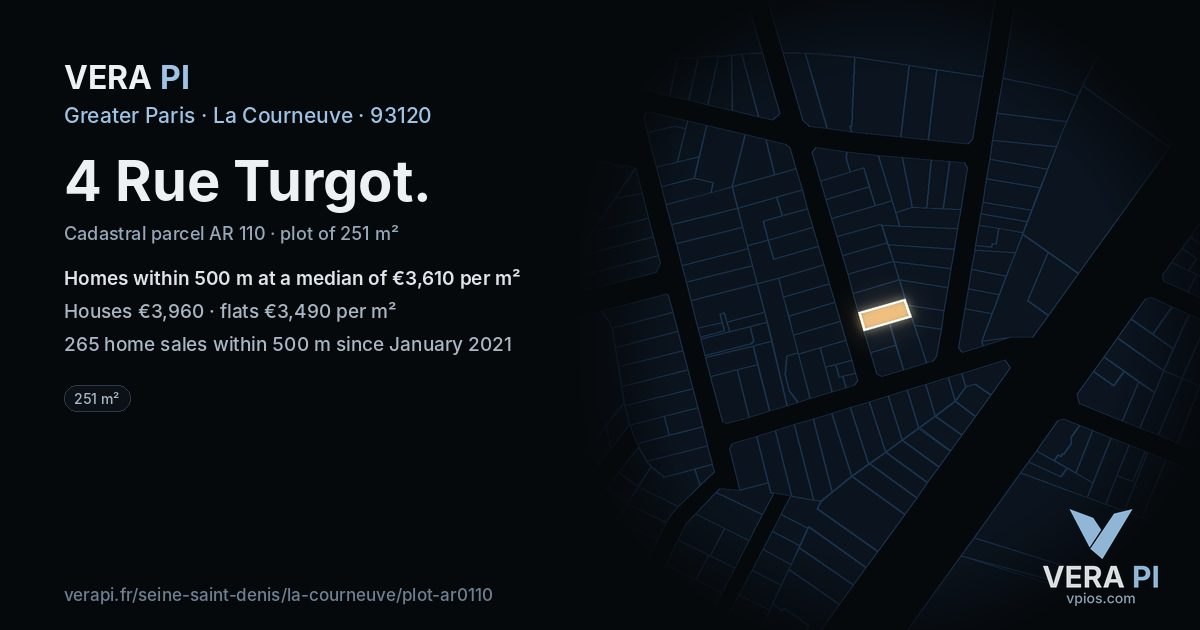 4 Rue Turgot, La Courneuve at night – the plot lit, the parcels around coloured by the prices near them