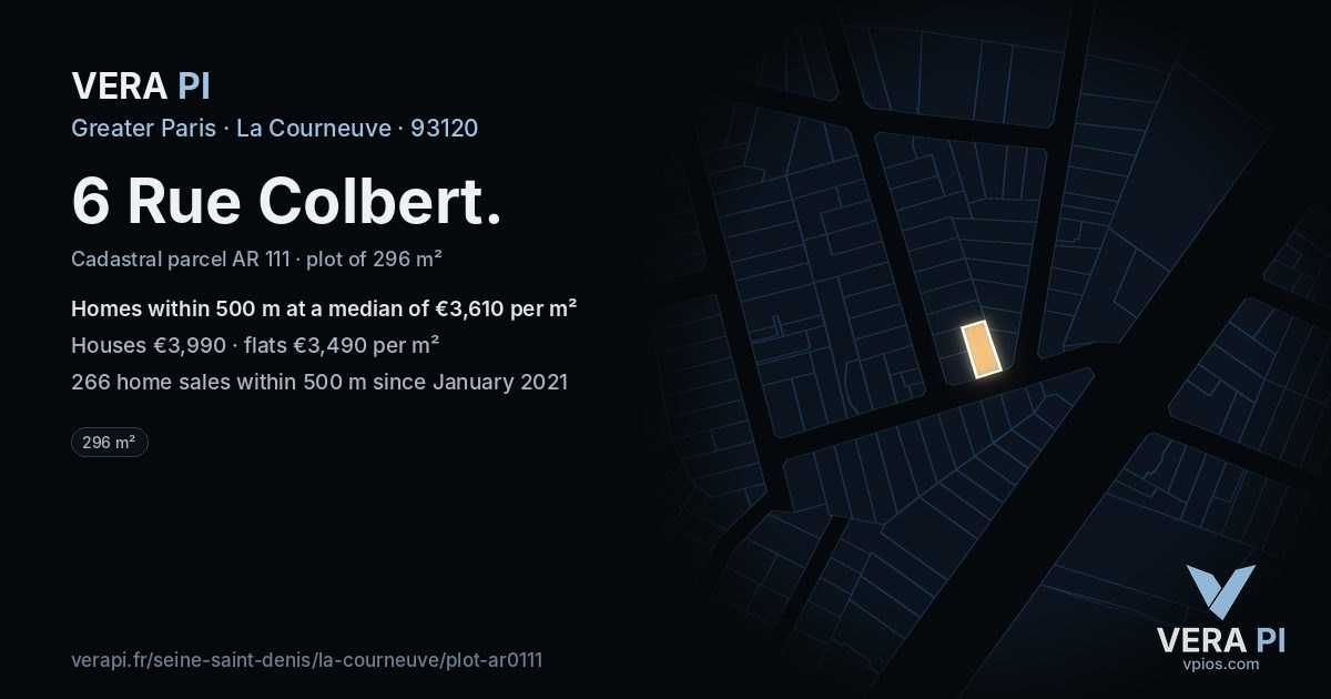 6 Rue Colbert, La Courneuve at night – the plot lit, the parcels around coloured by the prices near them