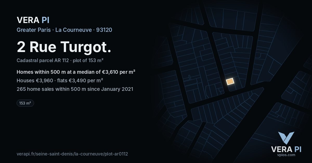 2 Rue Turgot, La Courneuve at night – the plot lit, the parcels around coloured by the prices near them