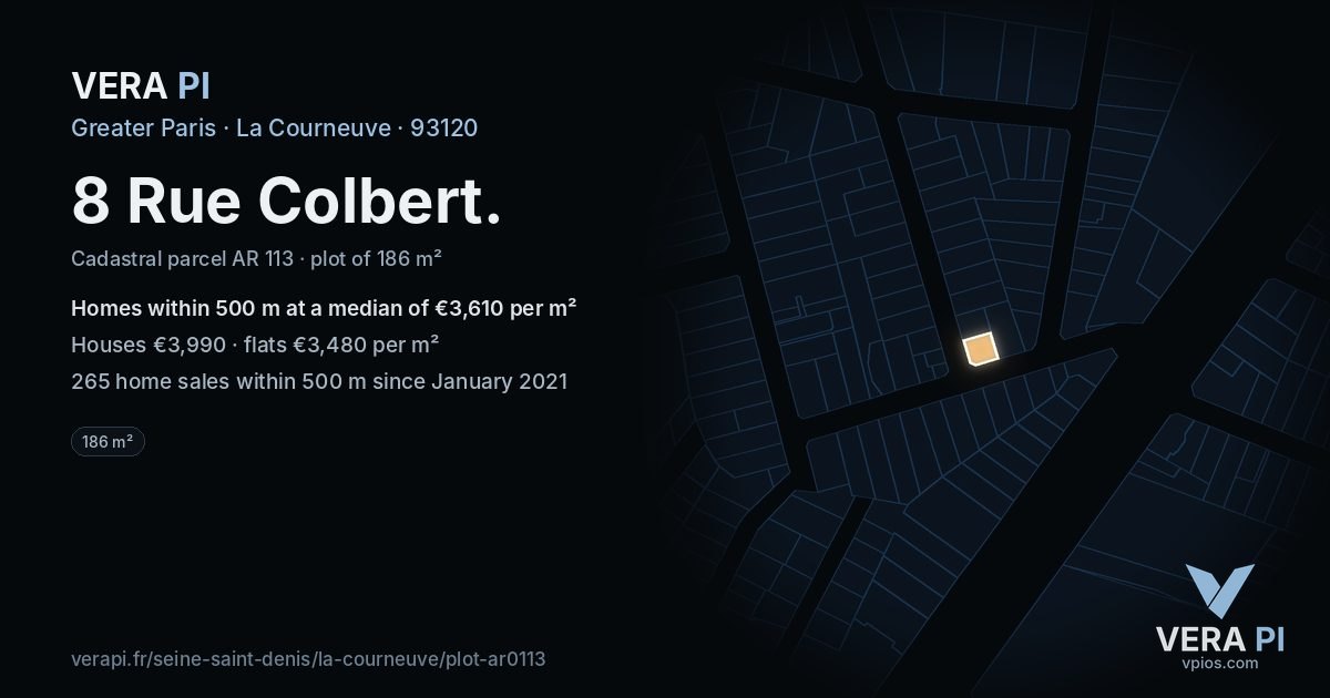 8 Rue Colbert, La Courneuve at night – the plot lit, the parcels around coloured by the prices near them