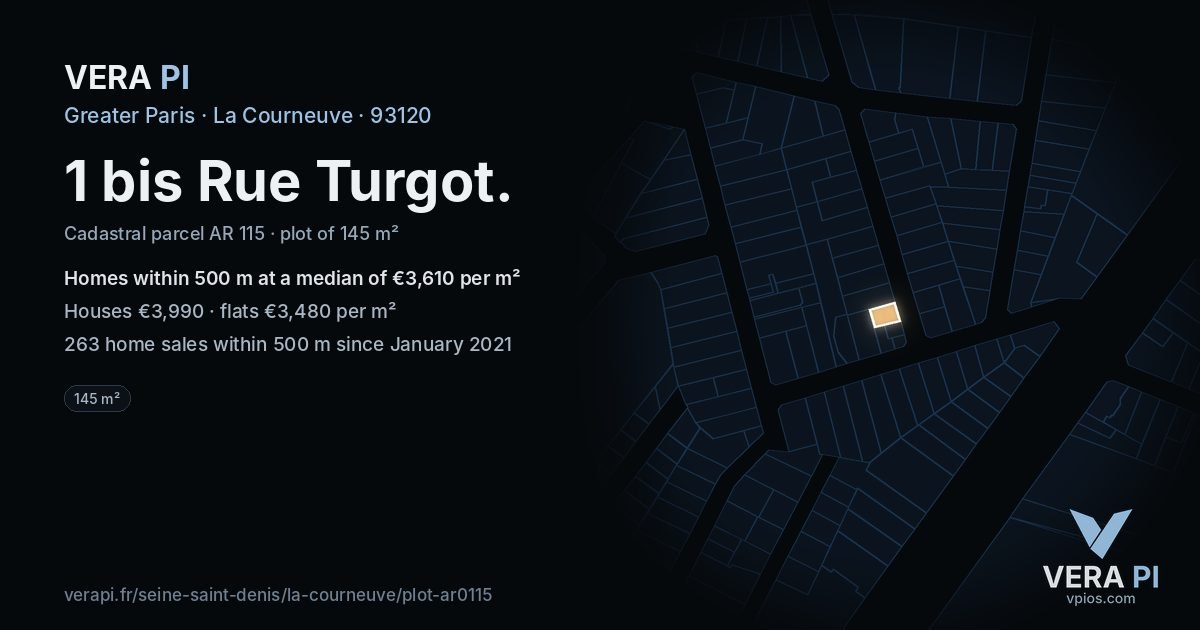 1 bis Rue Turgot, La Courneuve at night – the plot lit, the parcels around coloured by the prices near them