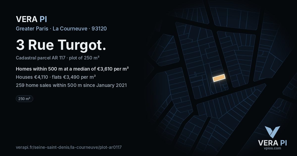 3 Rue Turgot, La Courneuve at night – the plot lit, the parcels around coloured by the prices near them
