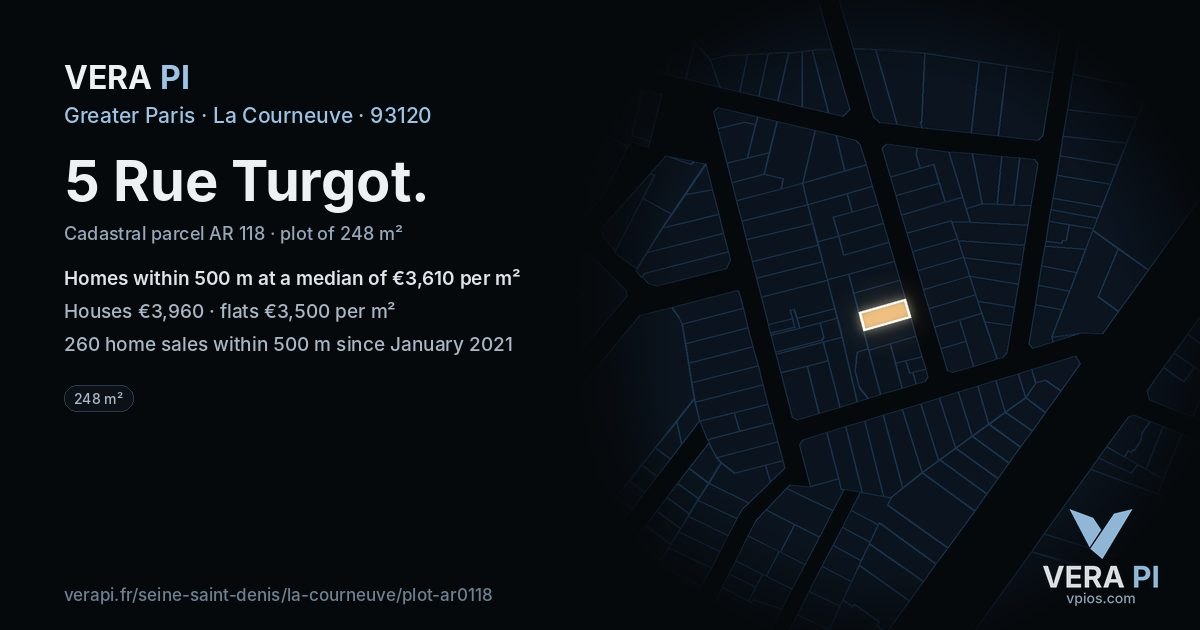 5 Rue Turgot, La Courneuve at night – the plot lit, the parcels around coloured by the prices near them