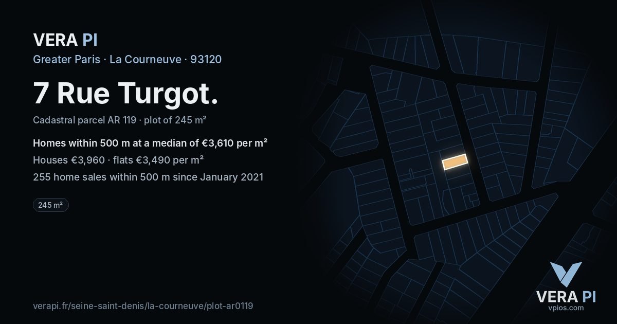 7 Rue Turgot, La Courneuve at night – the plot lit, the parcels around coloured by the prices near them
