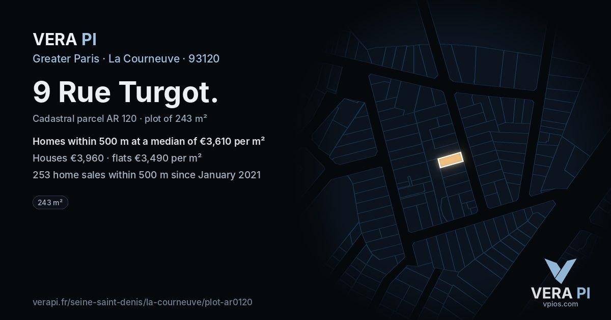 9 Rue Turgot, La Courneuve at night – the plot lit, the parcels around coloured by the prices near them
