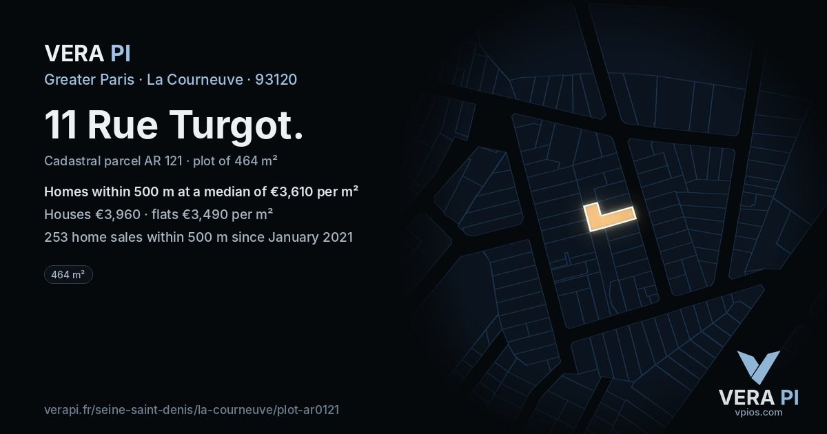 11 Rue Turgot, La Courneuve at night – the plot lit, the parcels around coloured by the prices near them