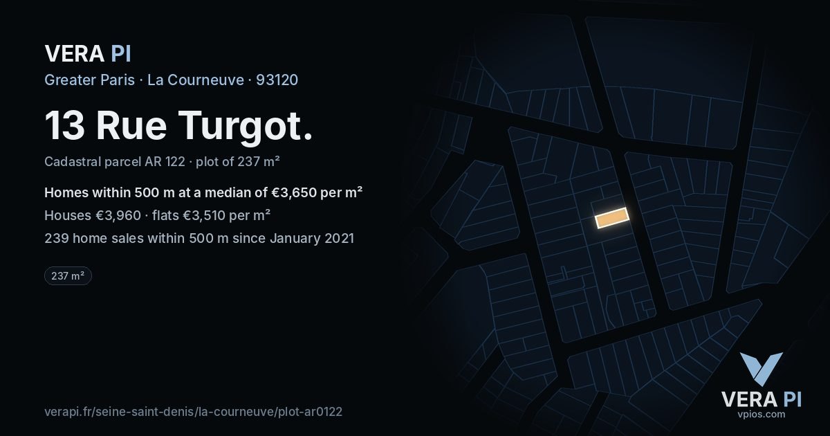 13 Rue Turgot, La Courneuve at night – the plot lit, the parcels around coloured by the prices near them