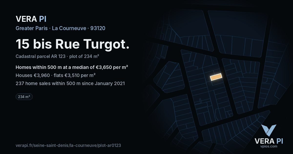15 bis Rue Turgot, La Courneuve at night – the plot lit, the parcels around coloured by the prices near them