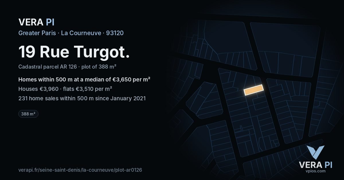 19 Rue Turgot, La Courneuve at night – the plot lit, the parcels around coloured by the prices near them