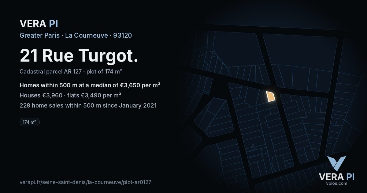 21 Rue Turgot, La Courneuve at night – the plot lit, the parcels around coloured by the prices near them