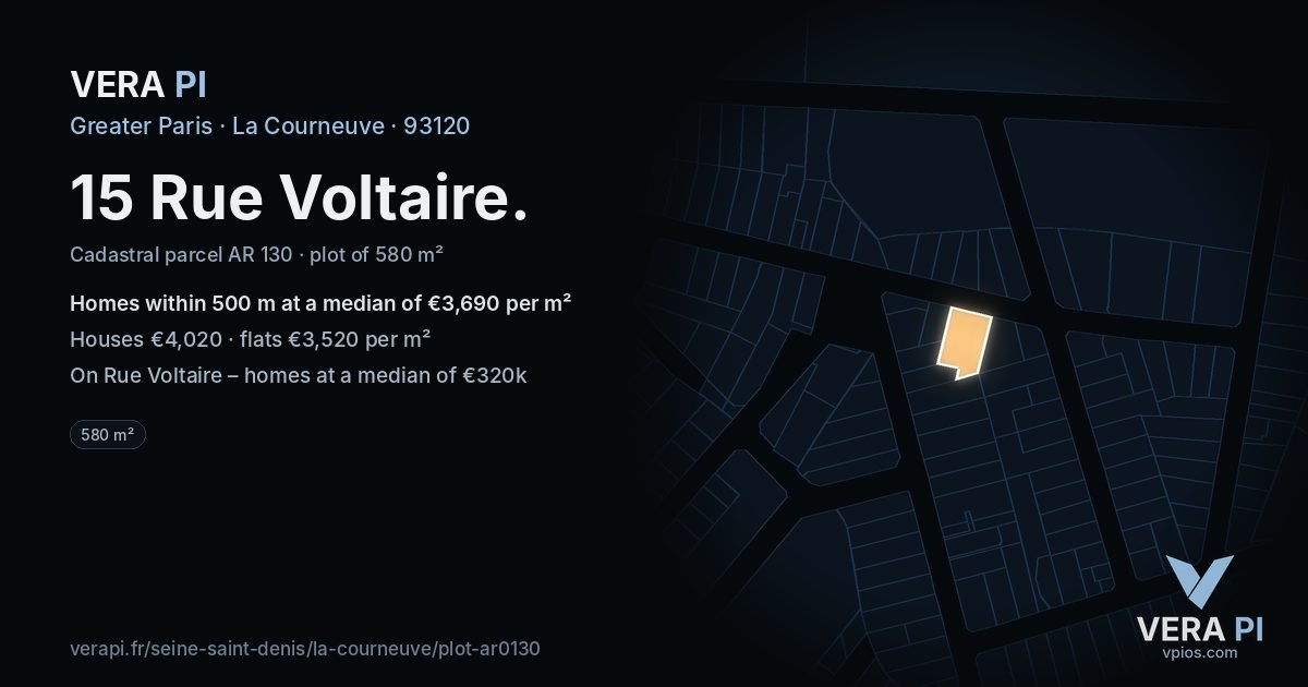 15 Rue Voltaire, La Courneuve at night – the plot lit, the parcels around coloured by the prices near them