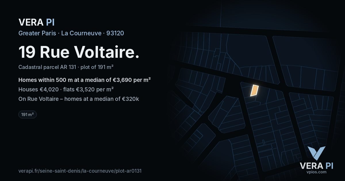 19 Rue Voltaire, La Courneuve at night – the plot lit, the parcels around coloured by the prices near them