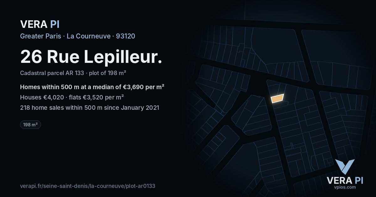 26 Rue Lepilleur, La Courneuve at night – the plot lit, the parcels around coloured by the prices near them