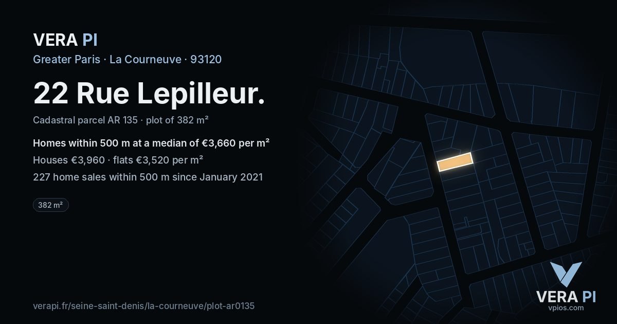 22 Rue Lepilleur, La Courneuve at night – the plot lit, the parcels around coloured by the prices near them