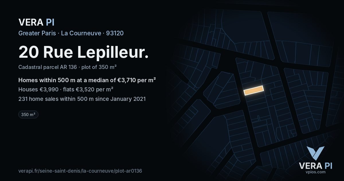 20 Rue Lepilleur, La Courneuve at night – the plot lit, the parcels around coloured by the prices near them