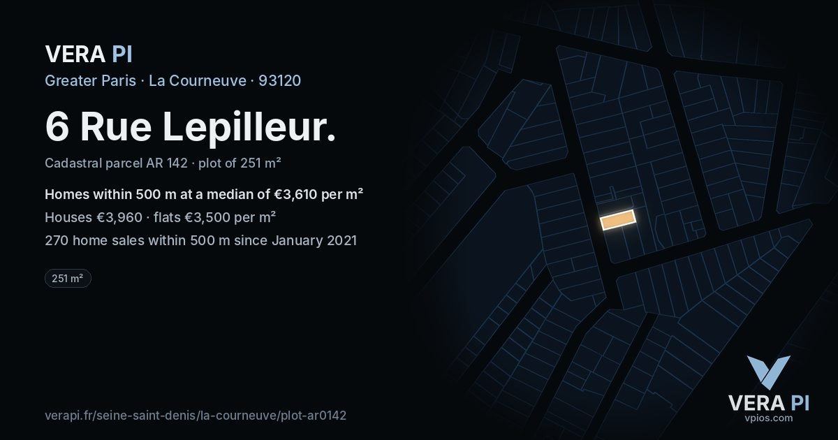 6 Rue Lepilleur, La Courneuve at night – the plot lit, the parcels around coloured by the prices near them