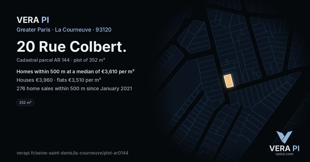 20 Rue Colbert, La Courneuve at night – the plot lit, the parcels around coloured by the prices near them