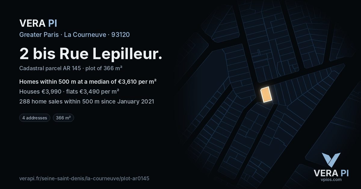 2 bis Rue Lepilleur, La Courneuve at night – the plot lit, the parcels around coloured by the prices near them