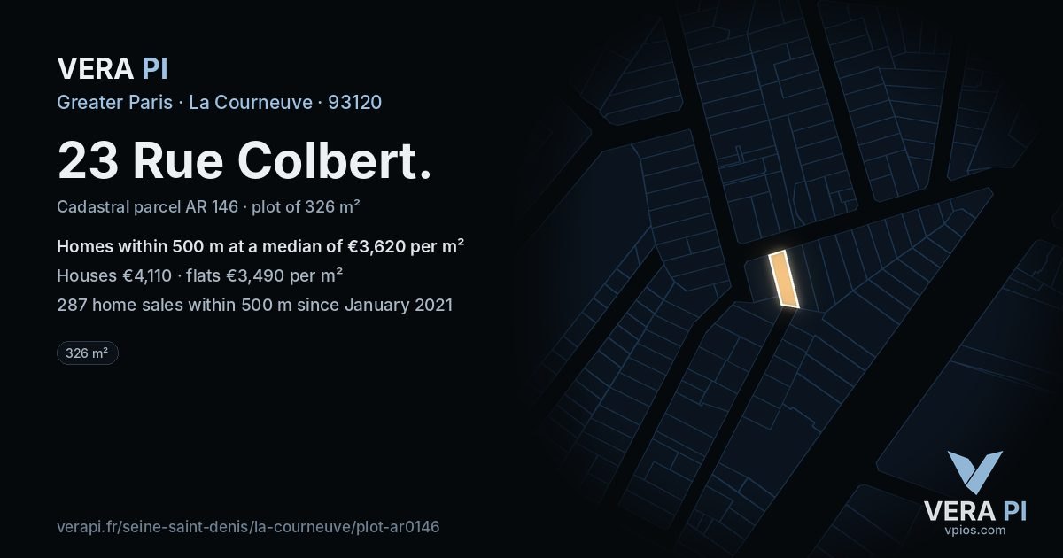 23 Rue Colbert, La Courneuve at night – the plot lit, the parcels around coloured by the prices near them