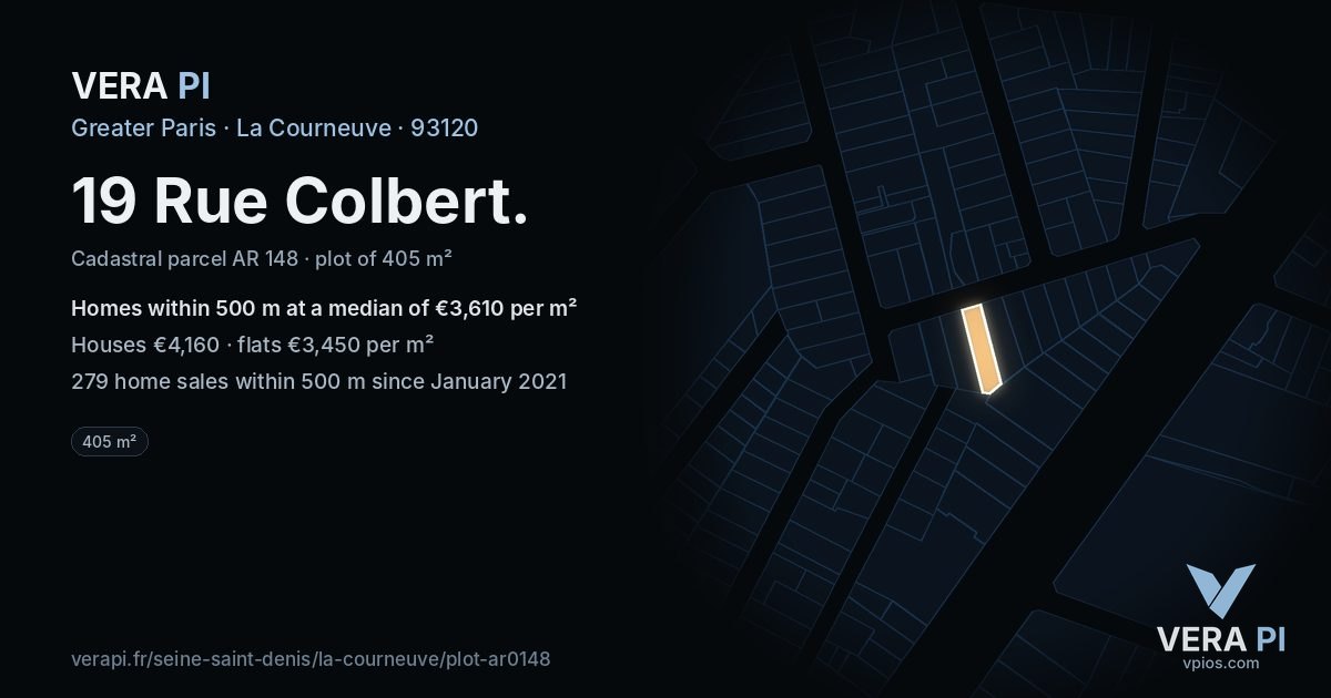 19 Rue Colbert, La Courneuve at night – the plot lit, the parcels around coloured by the prices near them