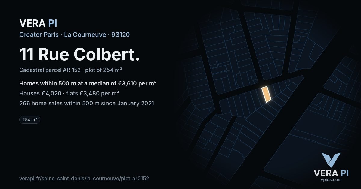 11 Rue Colbert, La Courneuve at night – the plot lit, the parcels around coloured by the prices near them