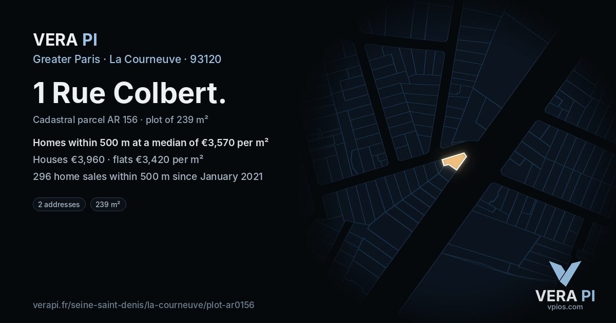 1 Rue Colbert, La Courneuve at night – the plot lit, the parcels around coloured by the prices near them