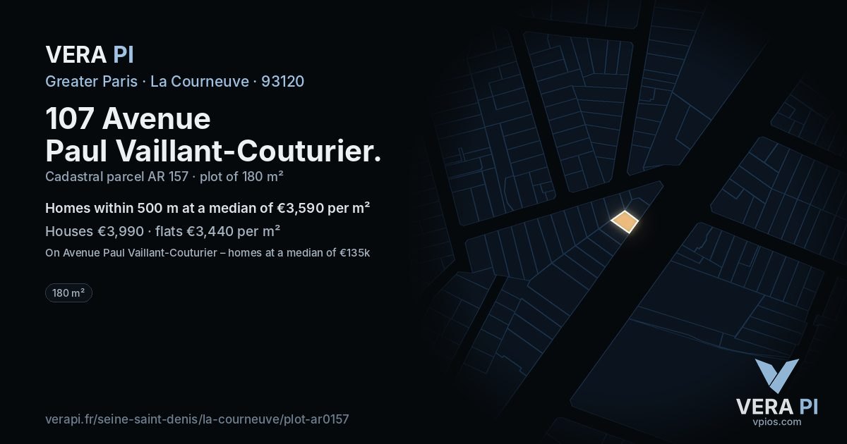 107 Avenue Paul Vaillant-Couturier, La Courneuve at night – the plot lit, the parcels around coloured by the prices near them