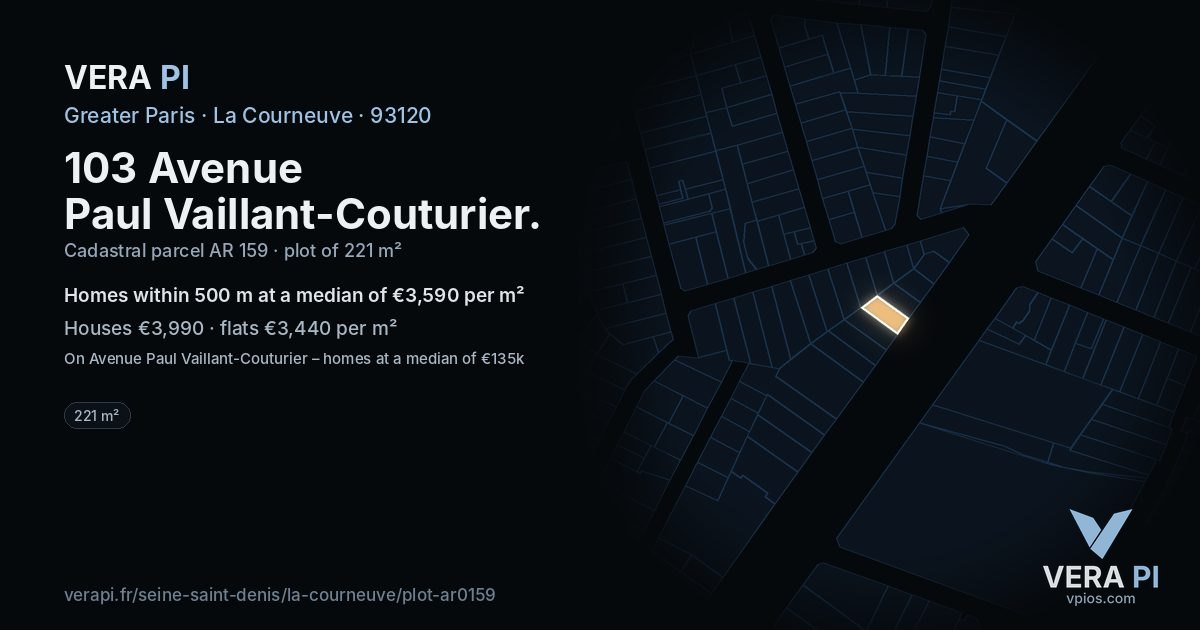 103 Avenue Paul Vaillant-Couturier, La Courneuve at night – the plot lit, the parcels around coloured by the prices near them