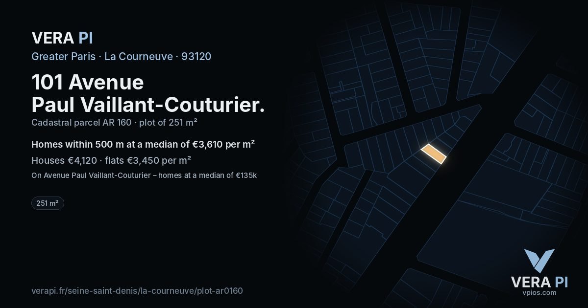 101 Avenue Paul Vaillant-Couturier, La Courneuve at night – the plot lit, the parcels around coloured by the prices near them