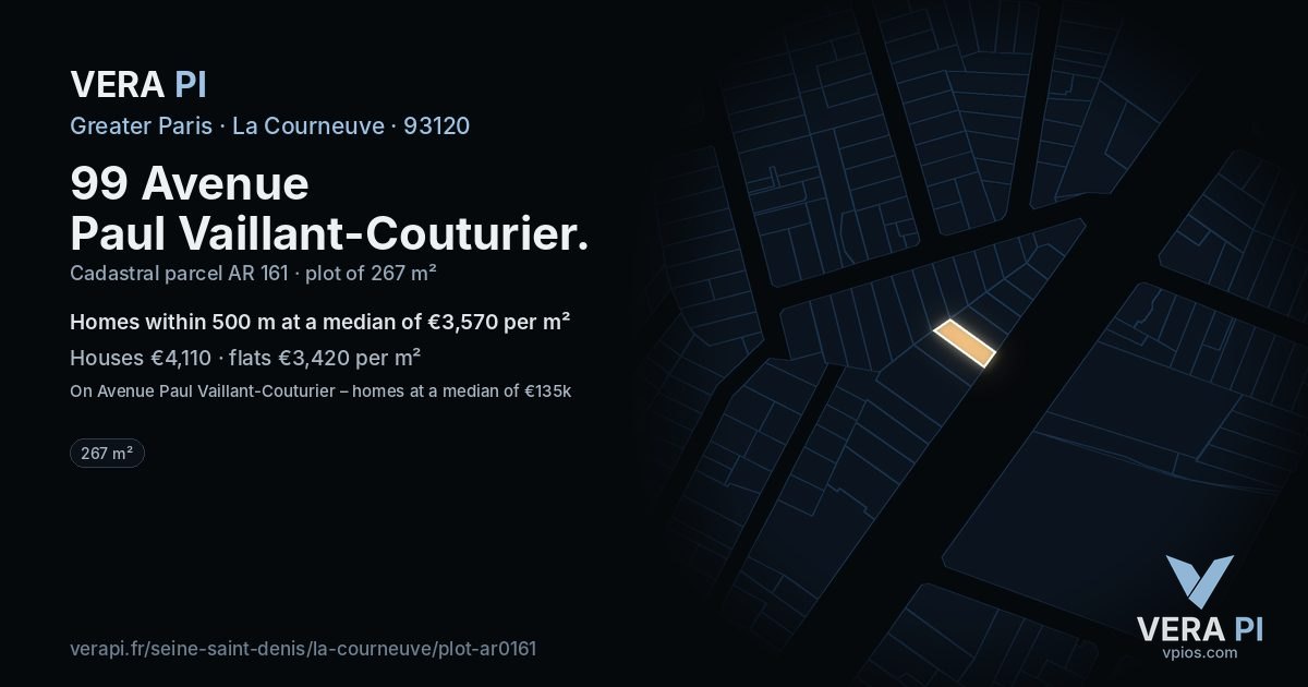 99 Avenue Paul Vaillant-Couturier, La Courneuve at night – the plot lit, the parcels around coloured by the prices near them