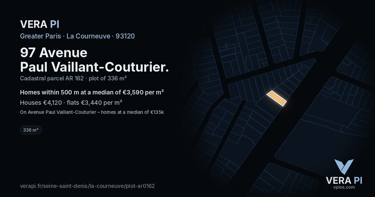 97 Avenue Paul Vaillant-Couturier, La Courneuve at night – the plot lit, the parcels around coloured by the prices near them
